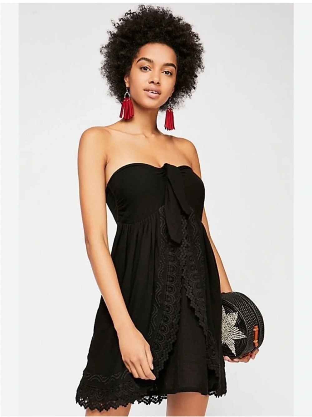 Free People Lace Embroidered Black Strapless Knot-Front Mini Dress Size S